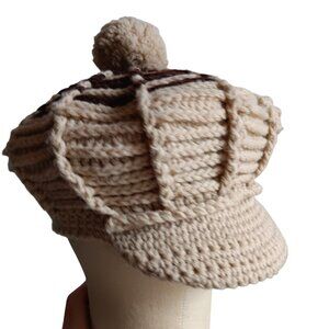 1OF1 OSFA Vintage Handmade Crochet Beret With Pom-Pom Striped Knit Cap unisex